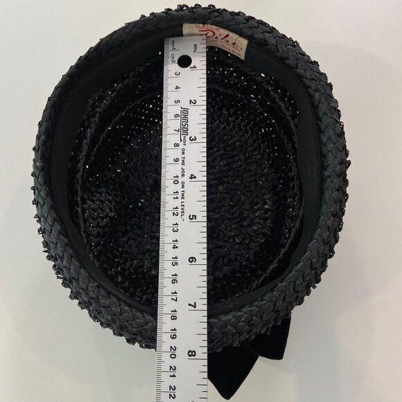 Vintage Piko Montreal New York Black Woven Straw Hat With Velvet Bow Accent Wome - Picture 12 of 14